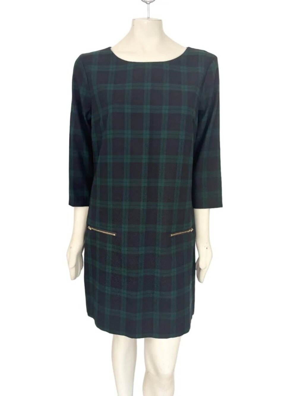 GAP Black Watch Tartan Plaid 3/4 Sleeve Zip Pocket Shift Dress Green Navy SZ L